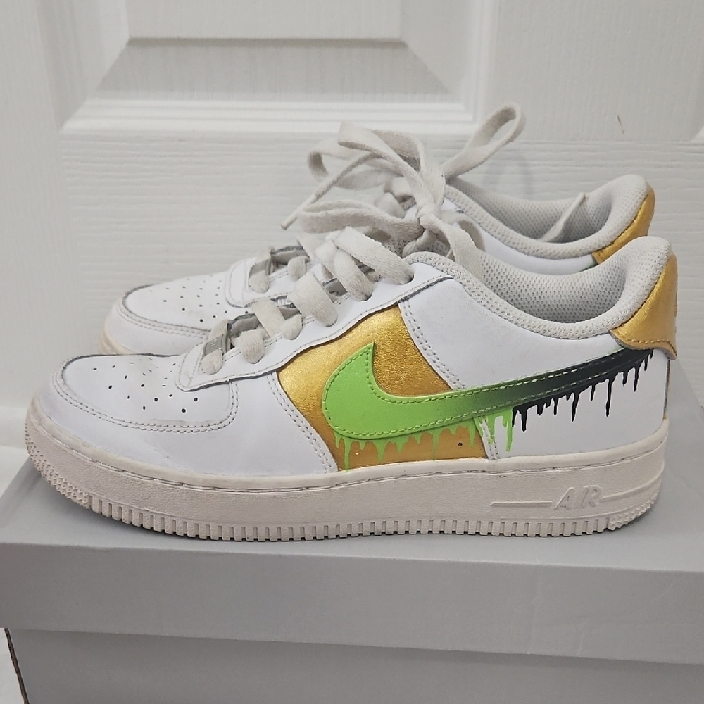 Custom Nike Air Force 1 LE (GS) White Shoes Green & Gold Slime OOAK